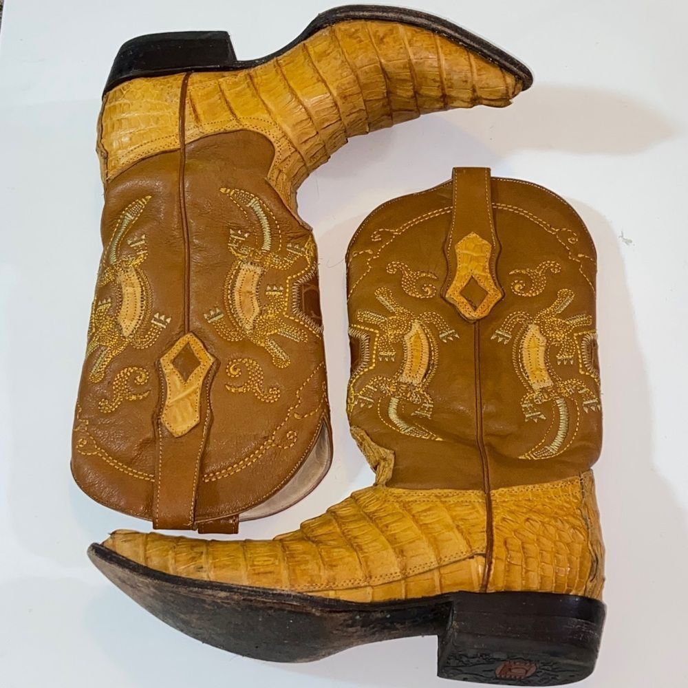 Vtg, Cuadra Yellow Mustard Crocodile Golden Embroidered Cowboy Boots Mx28 Us9